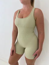Load image into Gallery viewer, Sage green ribbed sculpt shorts unitard
