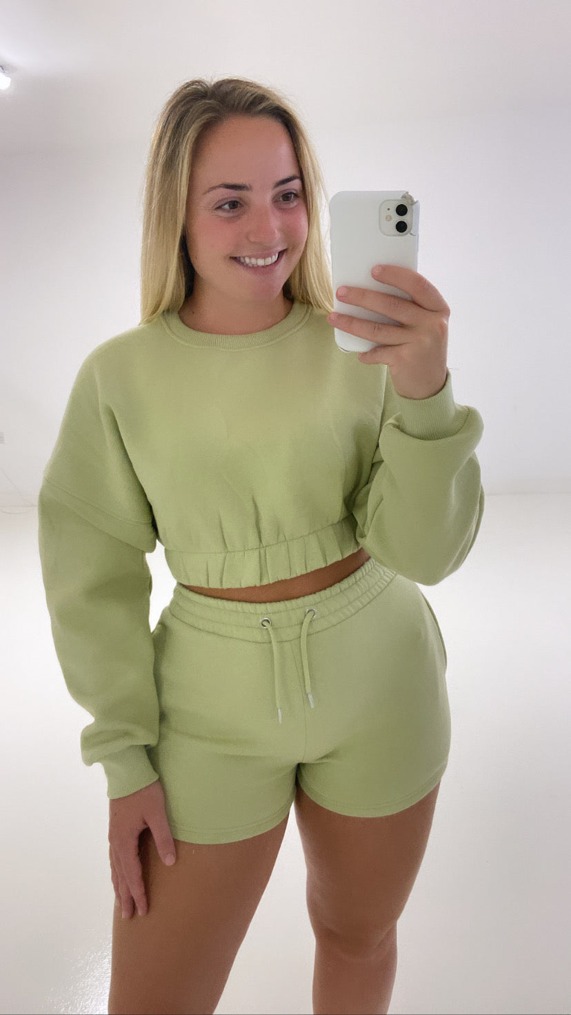 Sage green cropped sweatshirt and shorts set